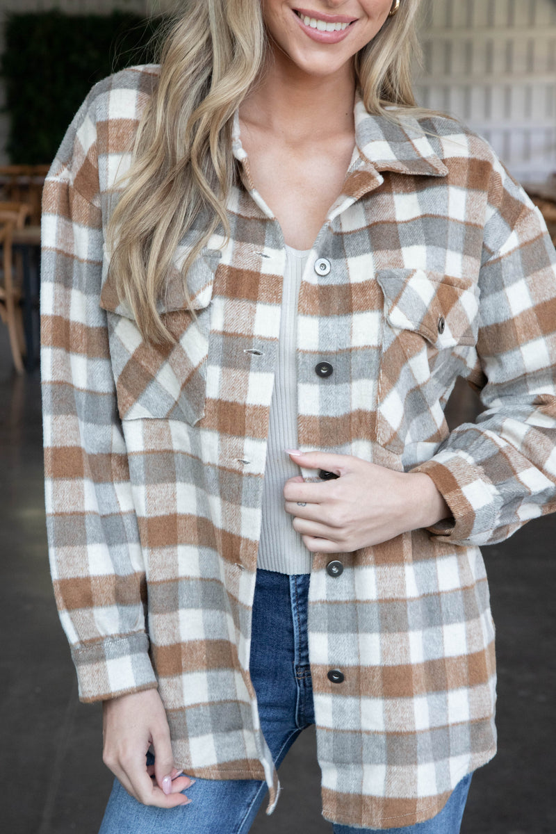 Riya Button Down Plaid Shacket, Caramel