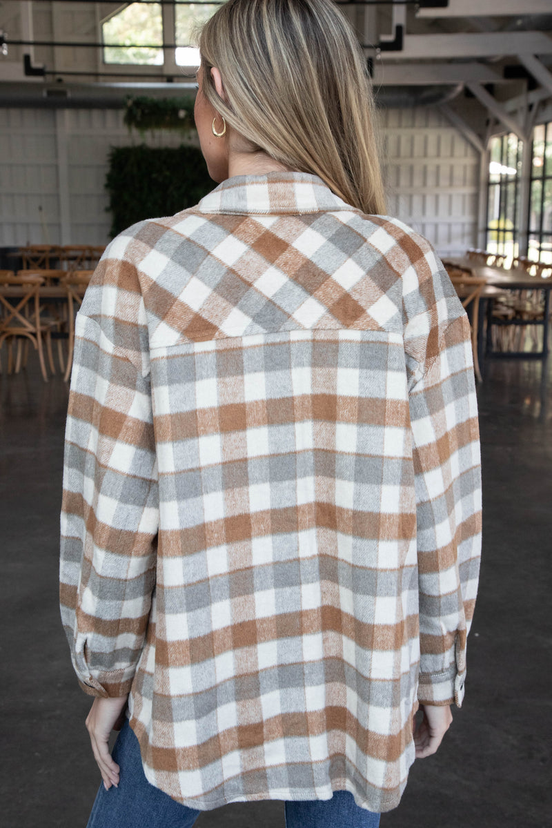 Riya Button Down Plaid Shacket, Caramel