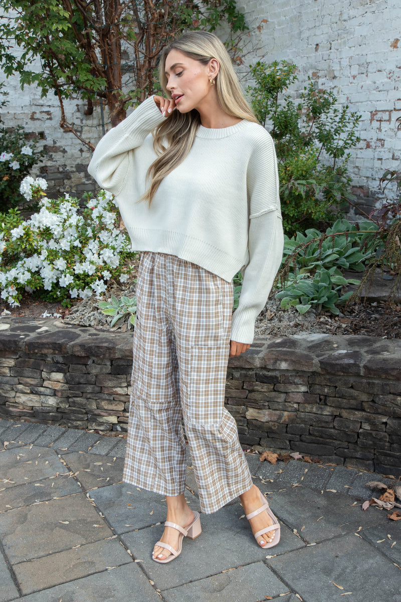 Liah Check Plaid Pants, Coffee/Ivory