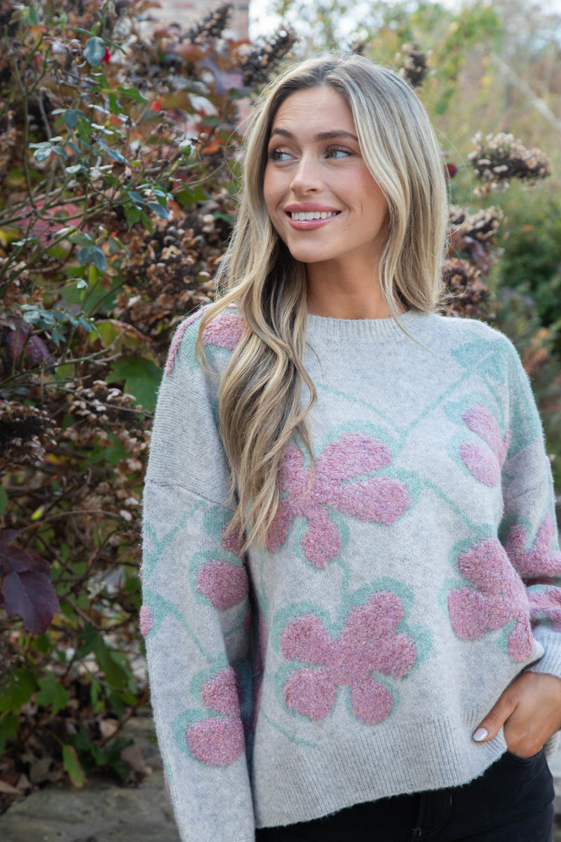 Keeley Floral Print Sweater, Oatmeal Combo