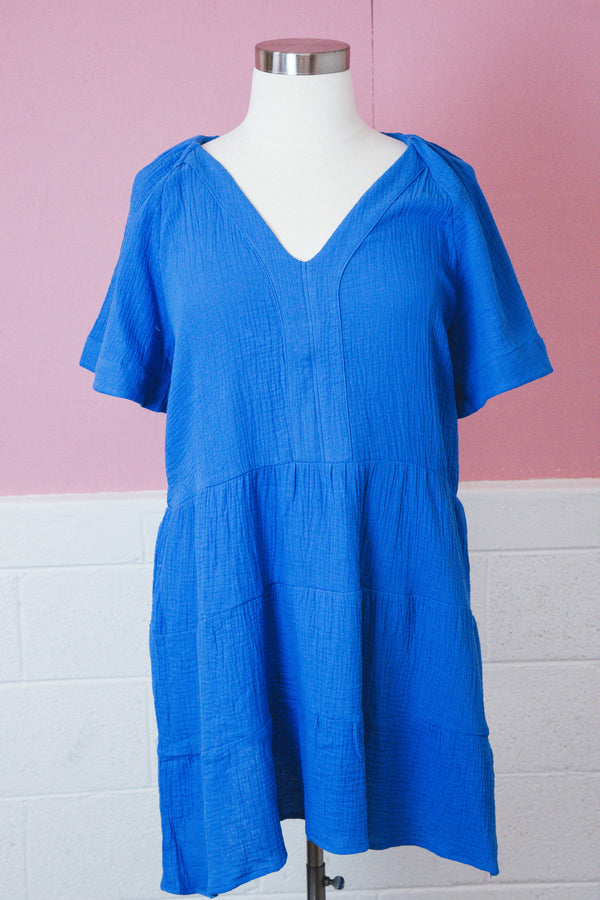 Harmony V-Neck Gauze Mini Dress, Blue | Plus Size
