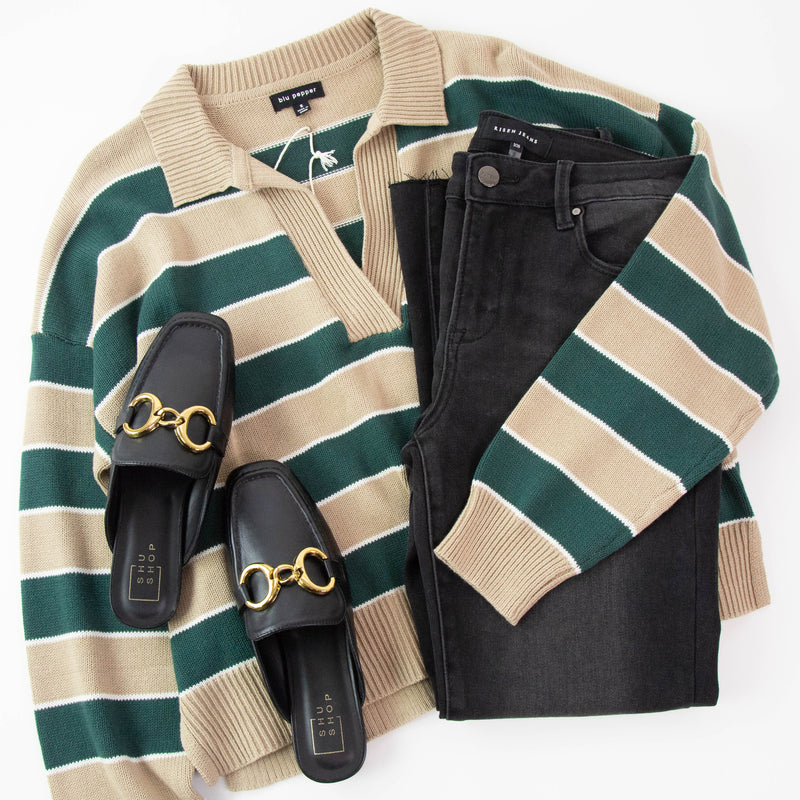 Kiley Striped Polo Sweater, Hunter Green