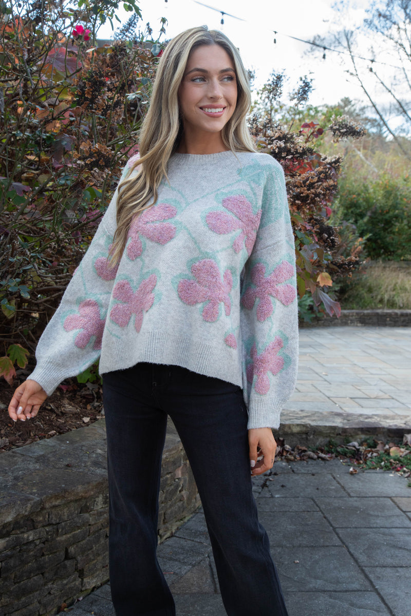 Keeley Floral Print Sweater, Oatmeal Combo