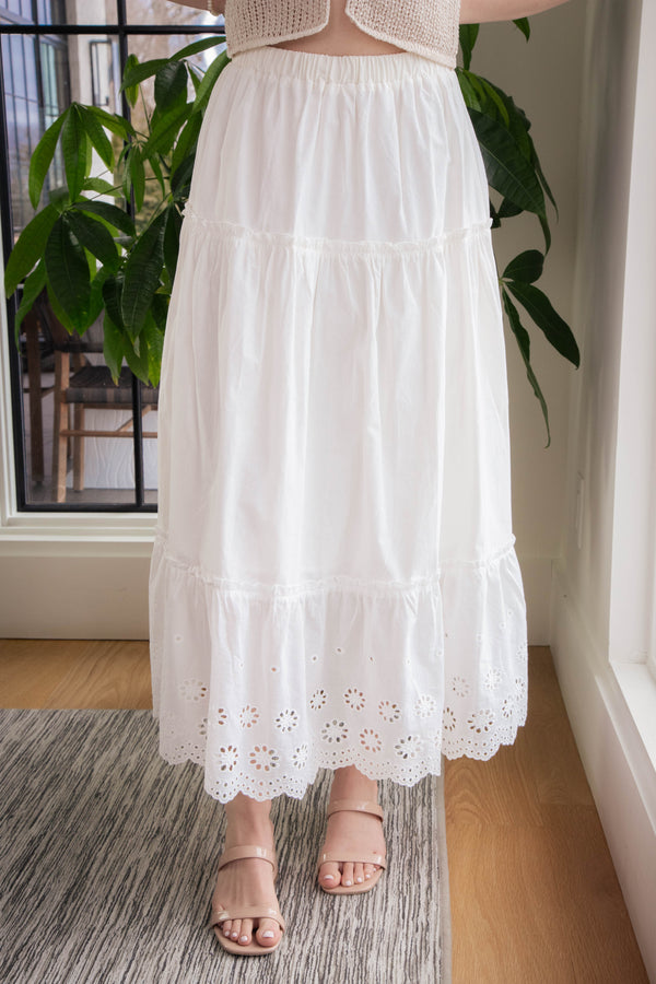 Jasmine Tiered Eyelet Maxi Skirt, White