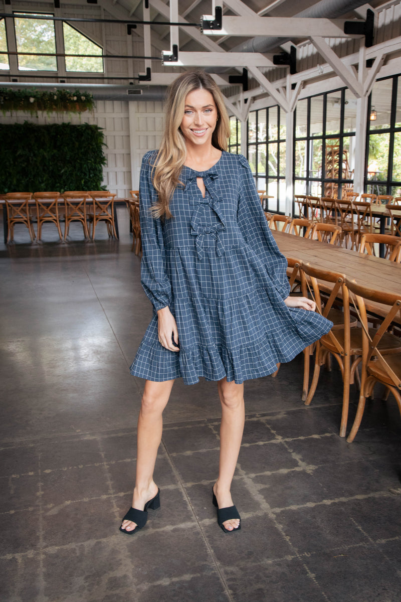 Rubi Checker Print Tiered Dress, Navy