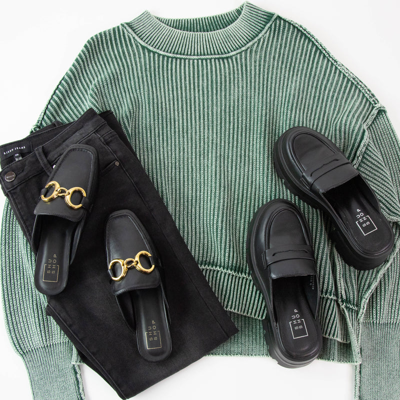 Marie Washed Crop Sweater, Dark Green