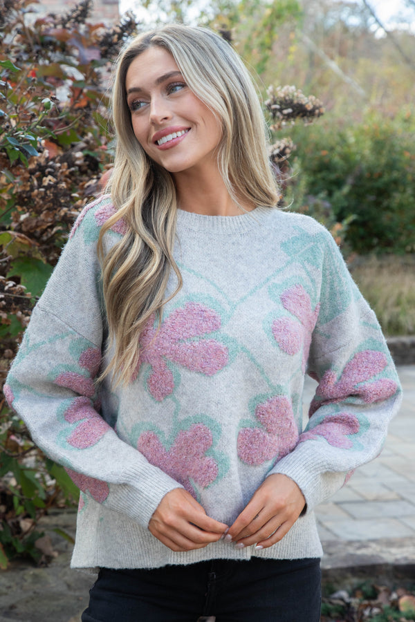 Keeley Floral Print Sweater, Oatmeal Combo