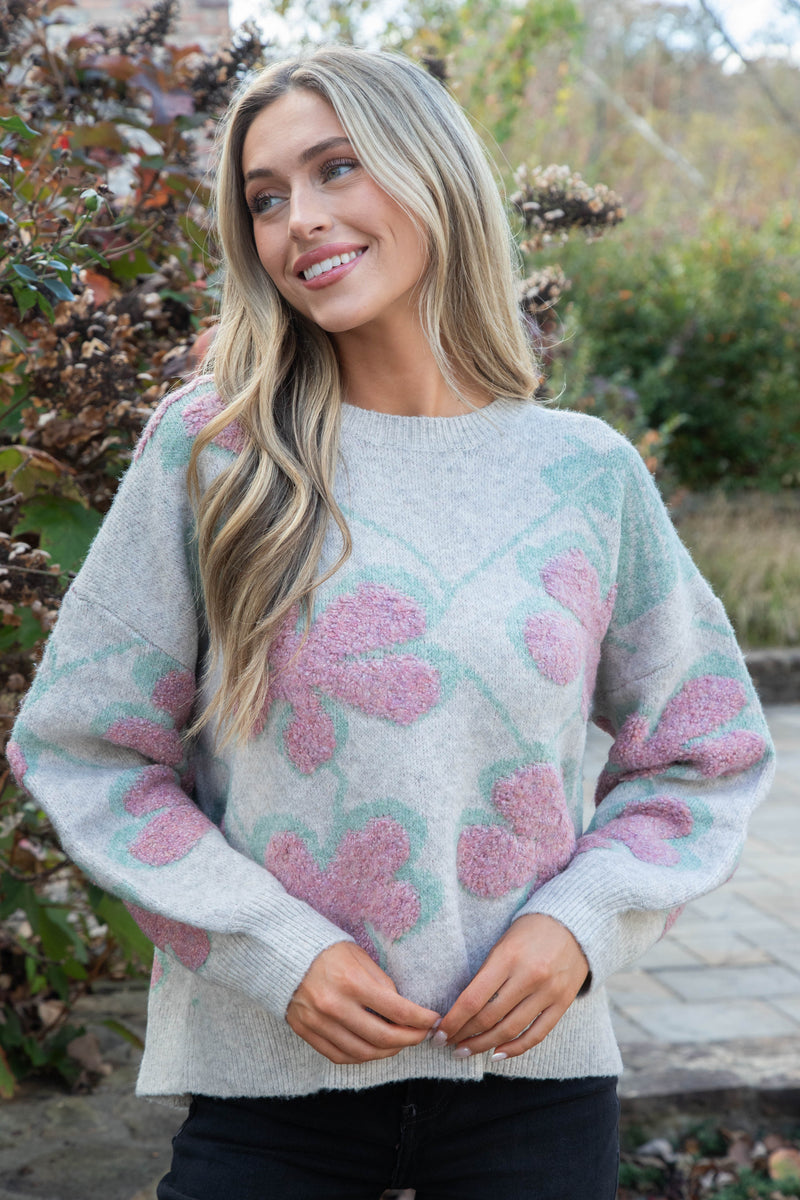 Keeley Floral Print Sweater, Oatmeal Combo