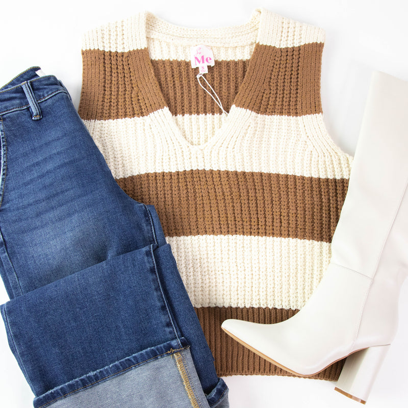 Mae Striped Sweater Vest, Coffee/Oatmeal