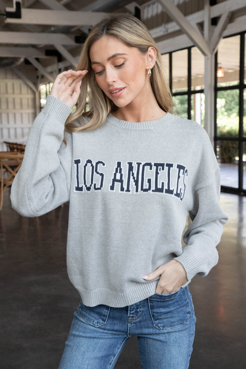 Los Angeles Knit Crew Neck Sweater, Heather Grey