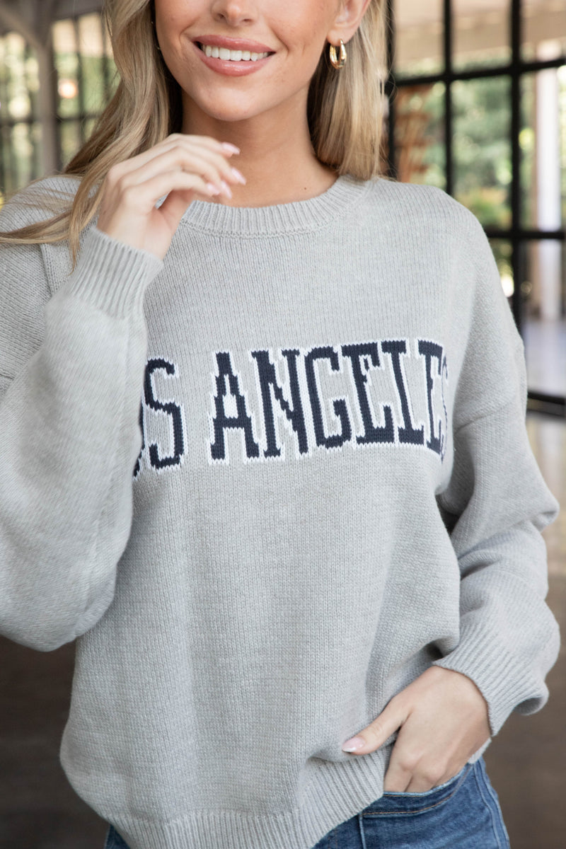 Los Angeles Knit Crew Neck Sweater, Heather Grey