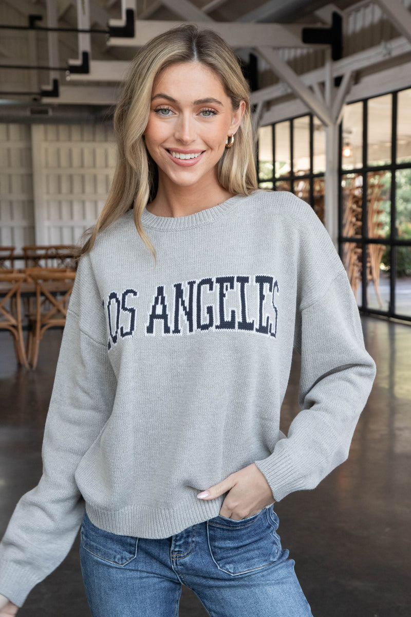 Los Angeles Knit Crew Neck Sweater, Heather Grey