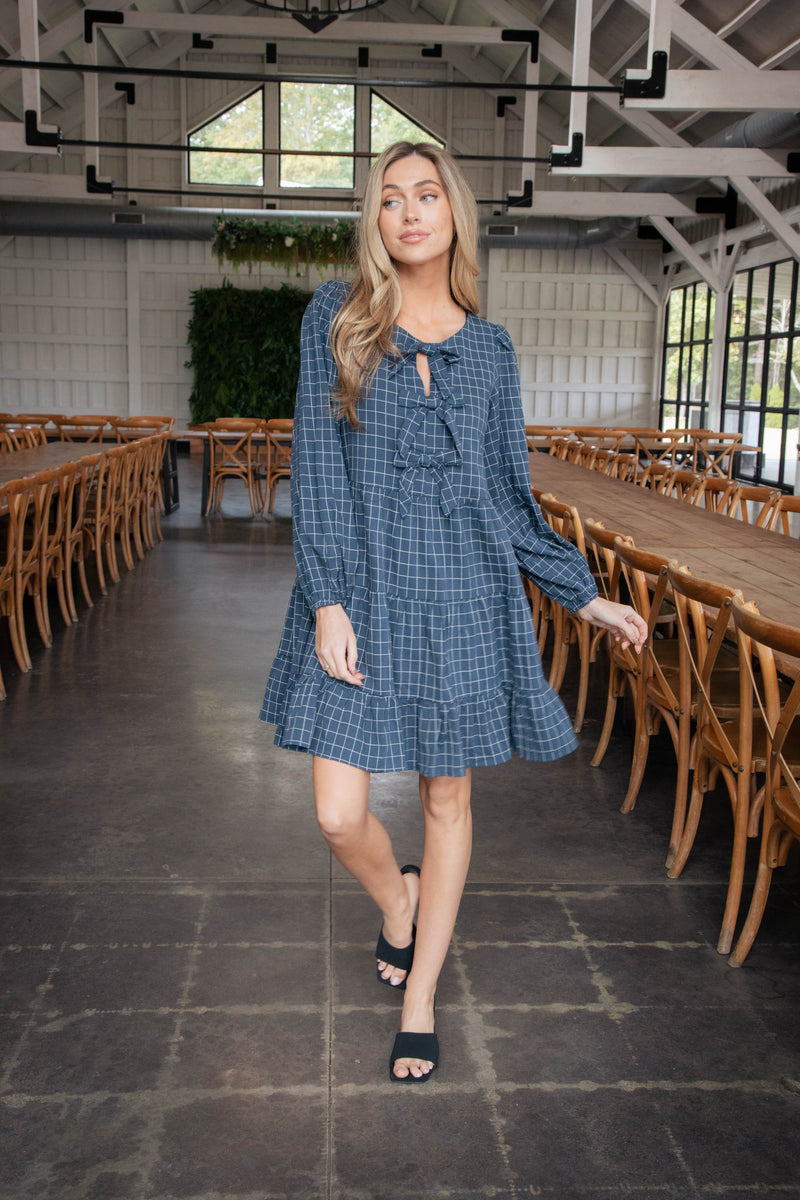 Rubi Checker Print Tiered Dress, Navy