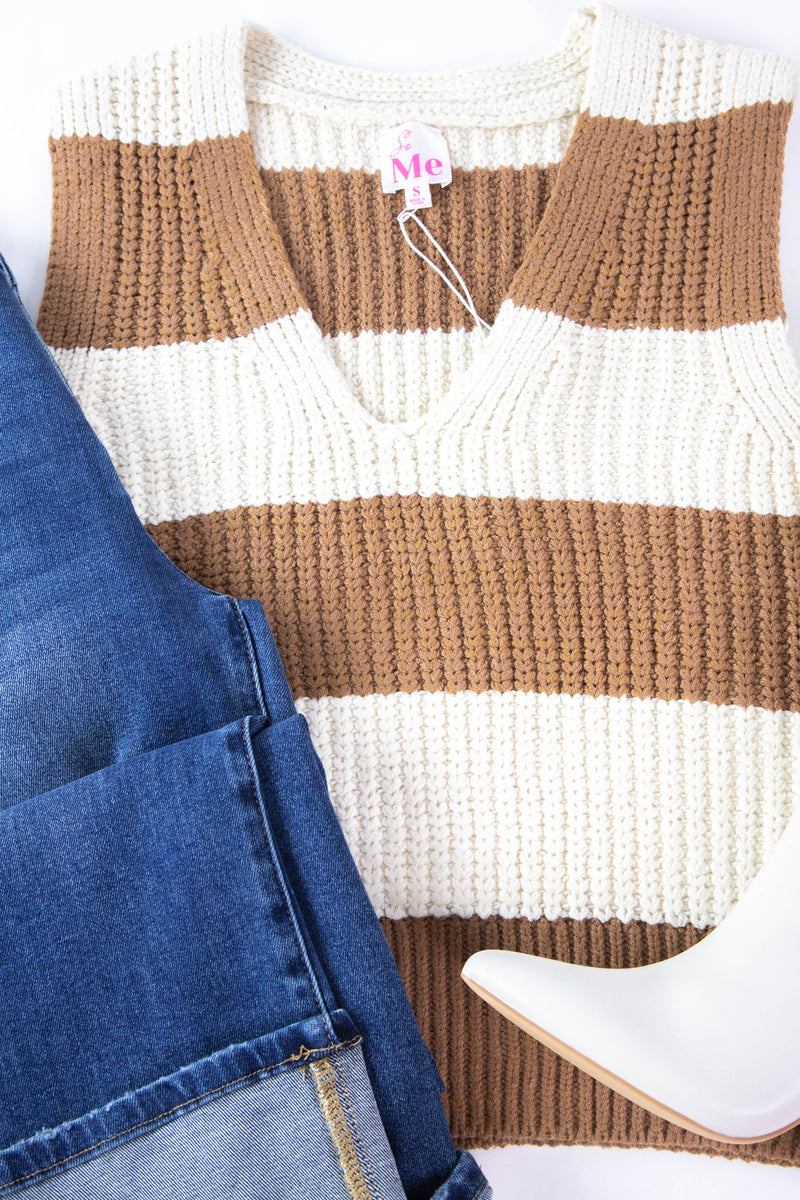 Mae Striped Sweater Vest, Coffee/Oatmeal