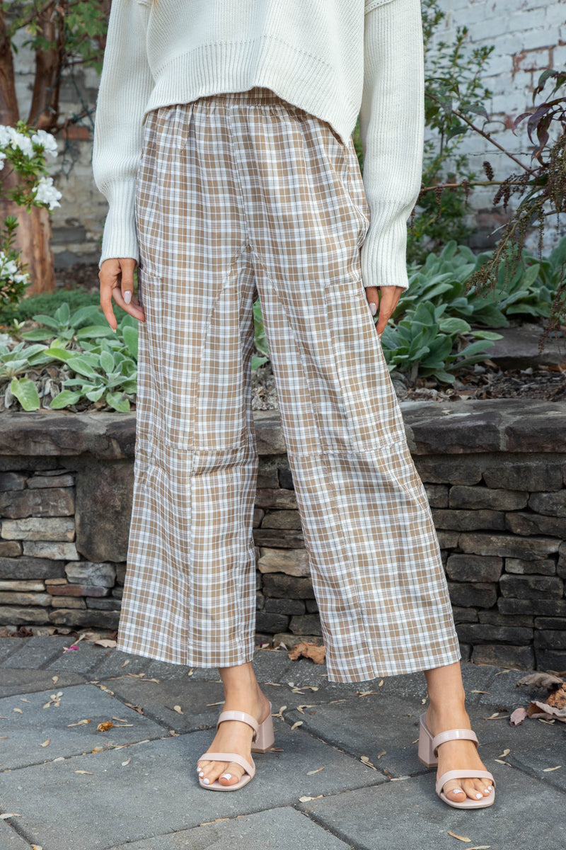 Liah Check Plaid Pants, Coffee/Ivory