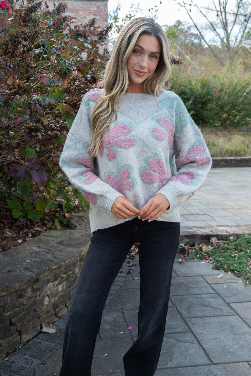 Keeley Floral Print Sweater, Oatmeal Combo