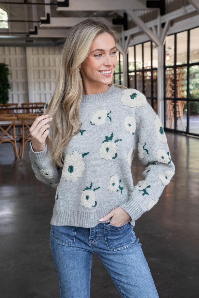 Leona Jacquard Flower Sweater, Grey Green