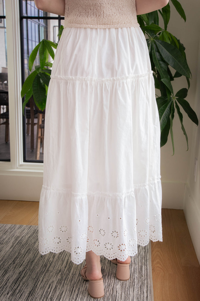 Jasmine Tiered Eyelet Maxi Skirt, White