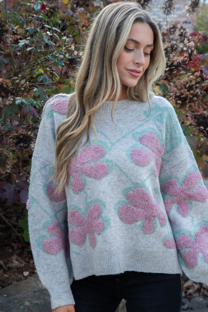 Keeley Floral Print Sweater, Oatmeal Combo