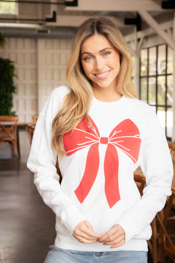 Christmas Bow Sweatshirt, White/Red