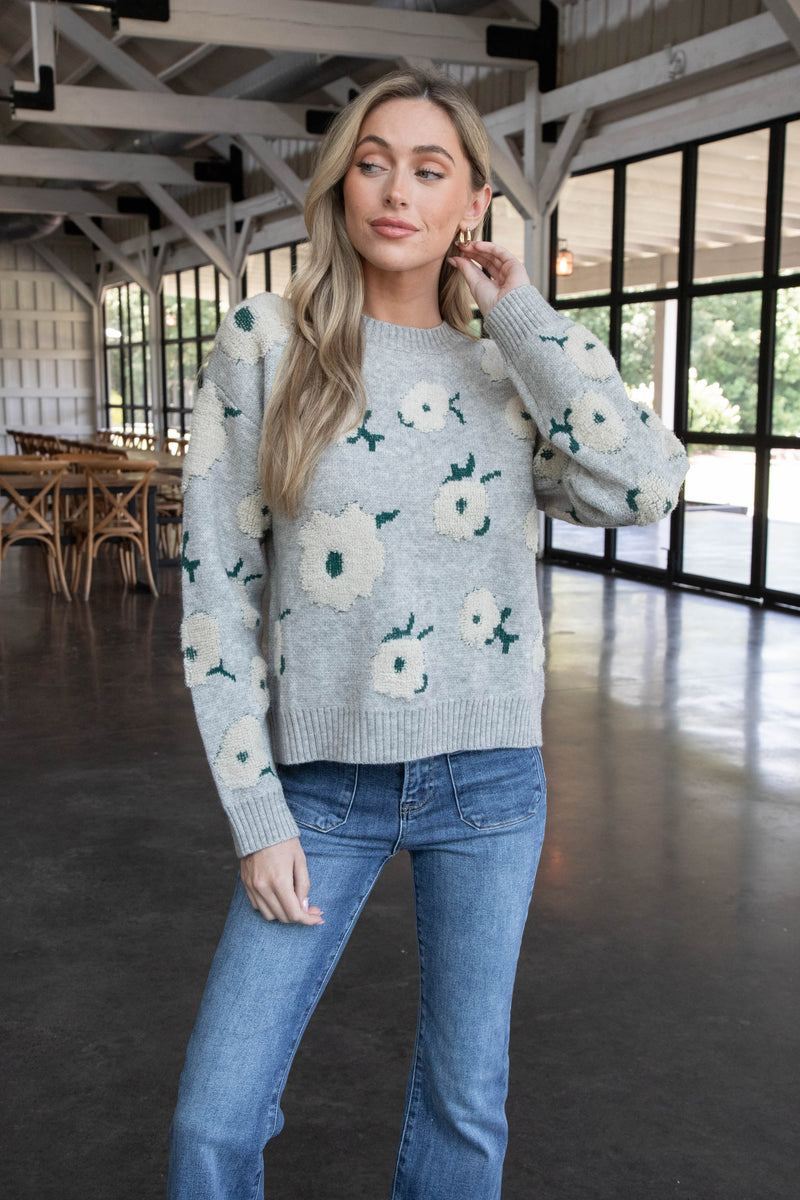 Leona Jacquard Flower Sweater, Grey Green