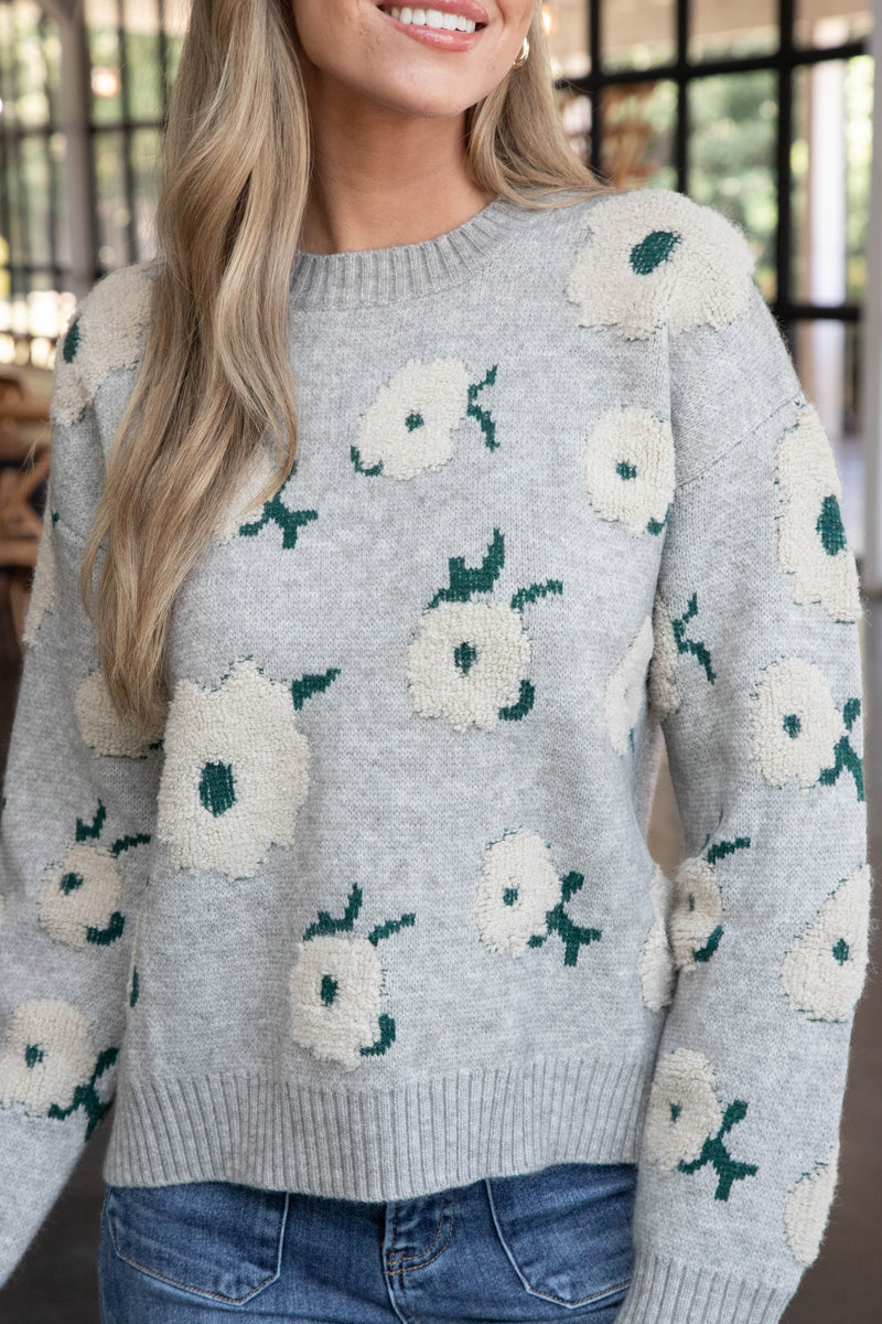 Leona Jacquard Flower Sweater, Grey Green