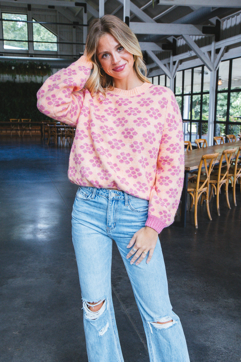 Brinley Flower Pattern Sweater, Apricot/Pink