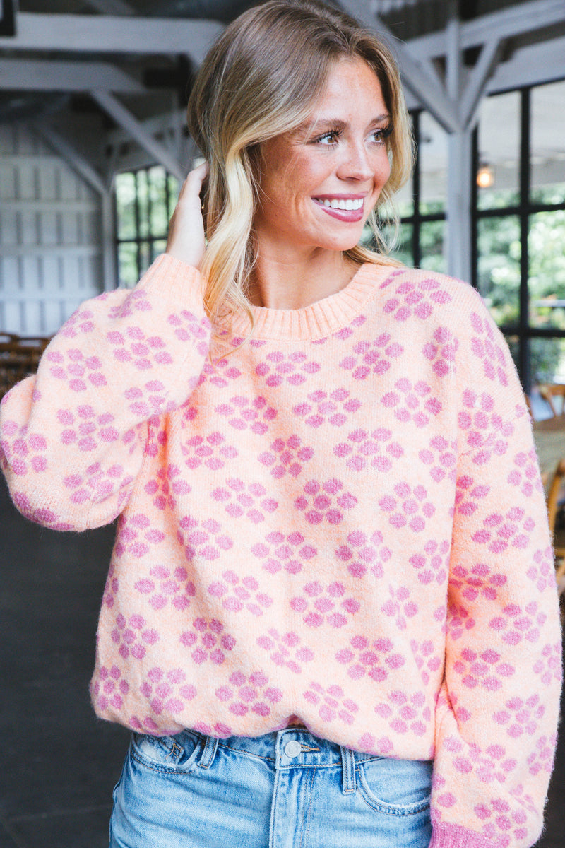 Brinley Flower Pattern Sweater, Apricot/Pink