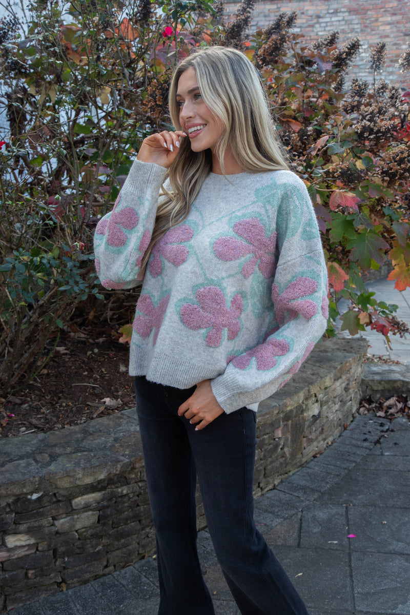 Keeley Floral Print Sweater, Oatmeal Combo