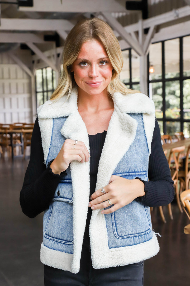 Anne Stone Washed Sherpa Vest, Denim