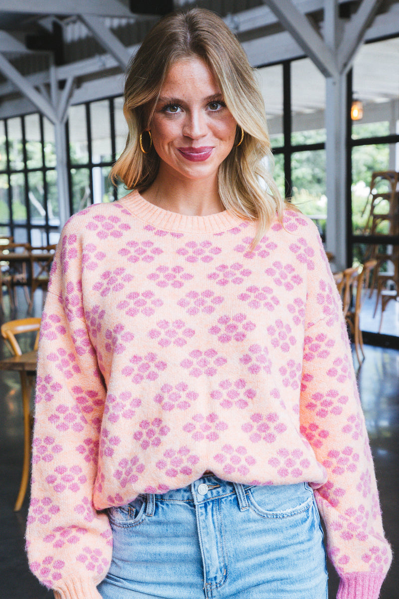 Brinley Flower Pattern Sweater, Apricot/Pink