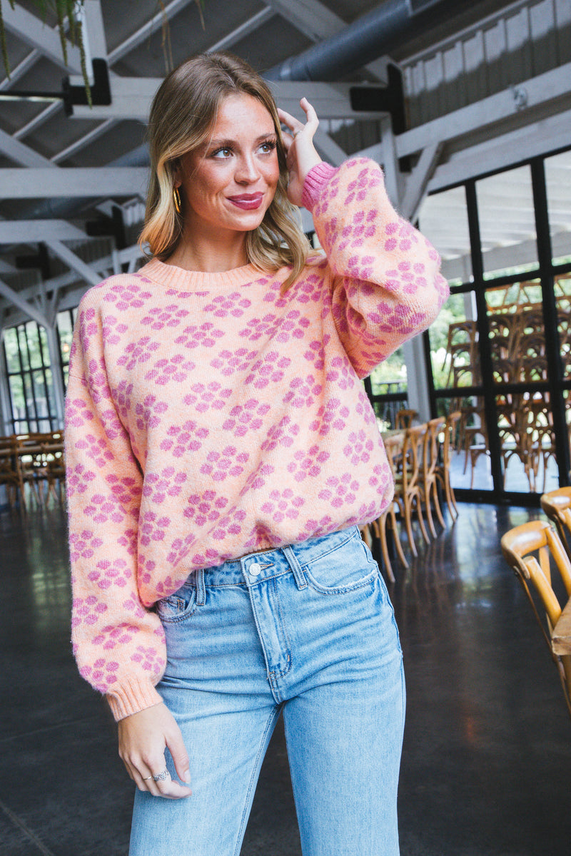 Brinley Flower Pattern Sweater, Apricot/Pink