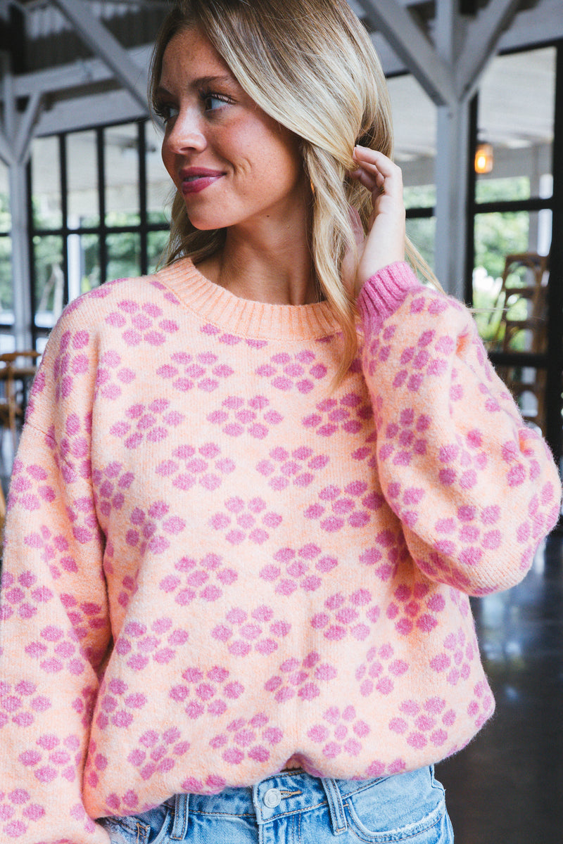 Brinley Flower Pattern Sweater, Apricot/Pink