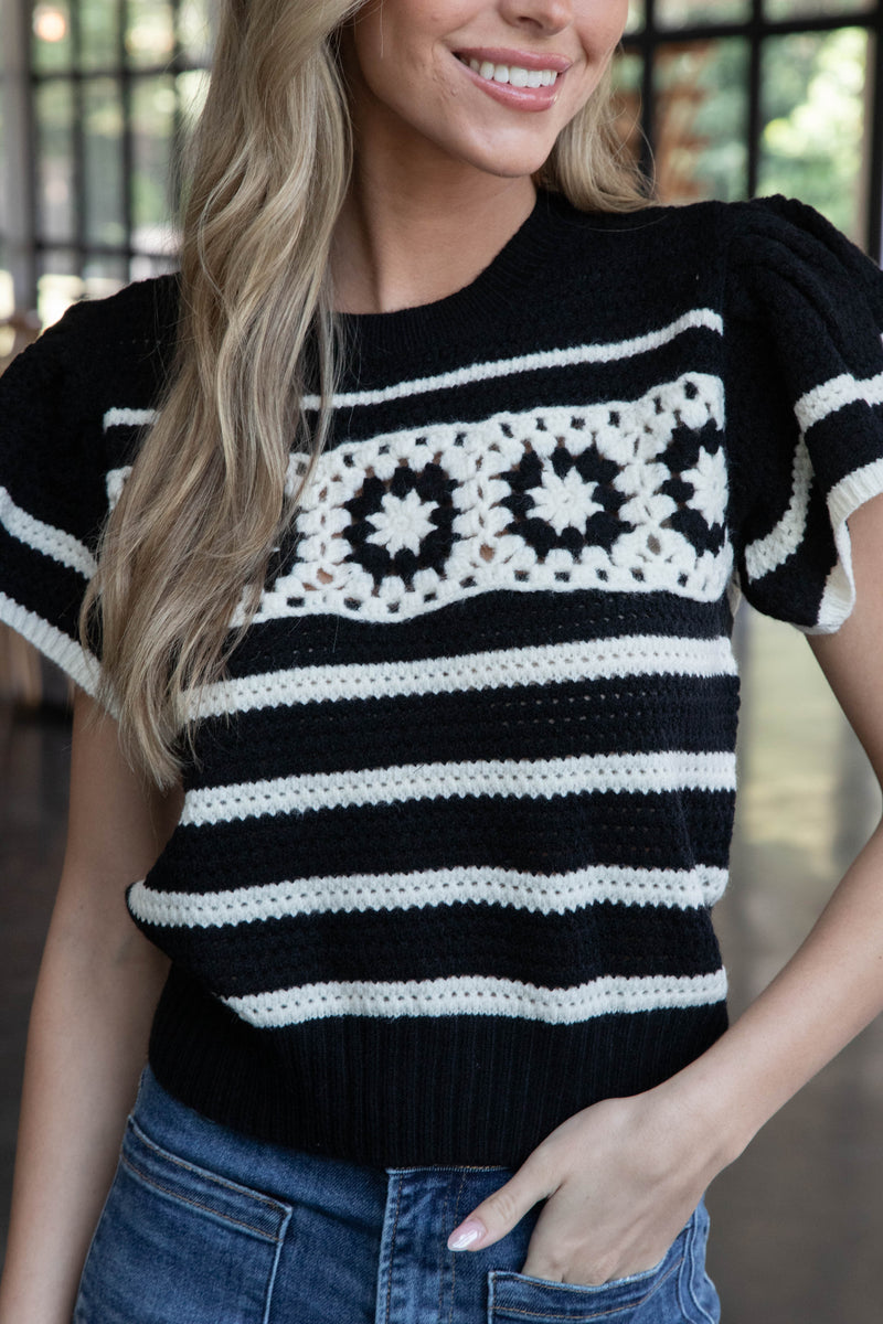 Tess Crochet Striped Sweater, Black