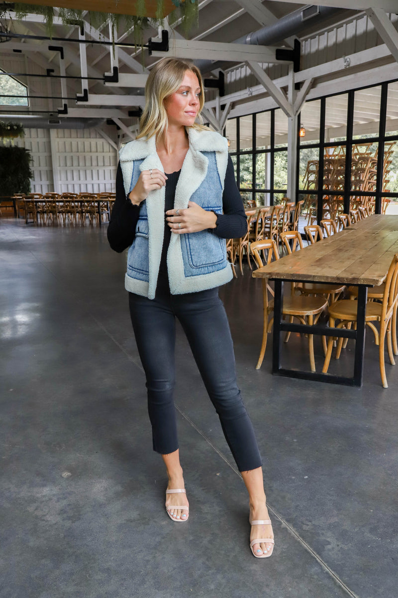 Anne Stone Washed Sherpa Vest, Denim