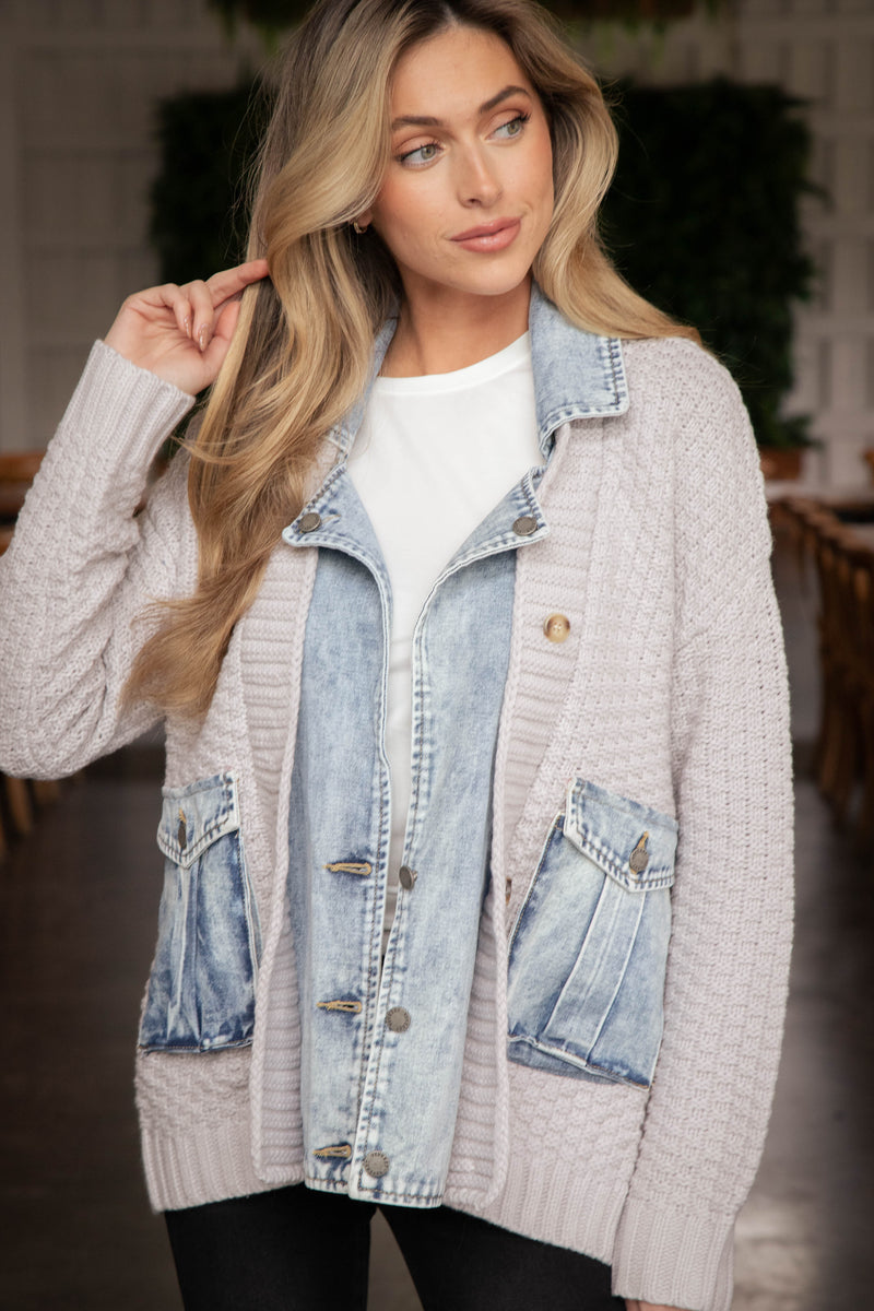 Meg Knit Denim Layered Jacket, Grey/Denim