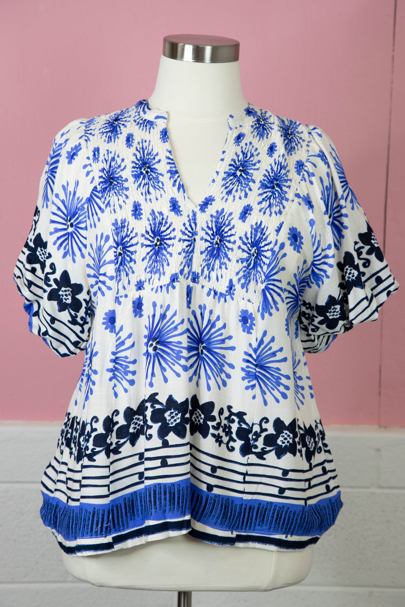 Deja Mixed Border Printed Top, Blue | Plus Size