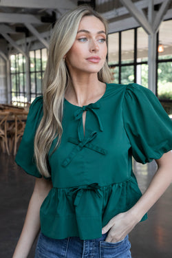 Oaklynn Puff Sleeve Peplum Top, Hunter Green