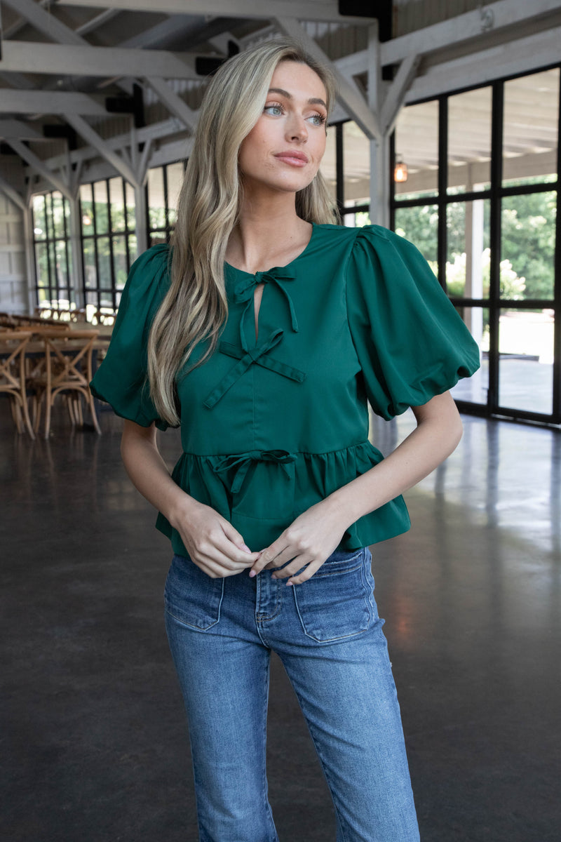 Oaklynn Puff Sleeve Peplum Top, Hunter Green