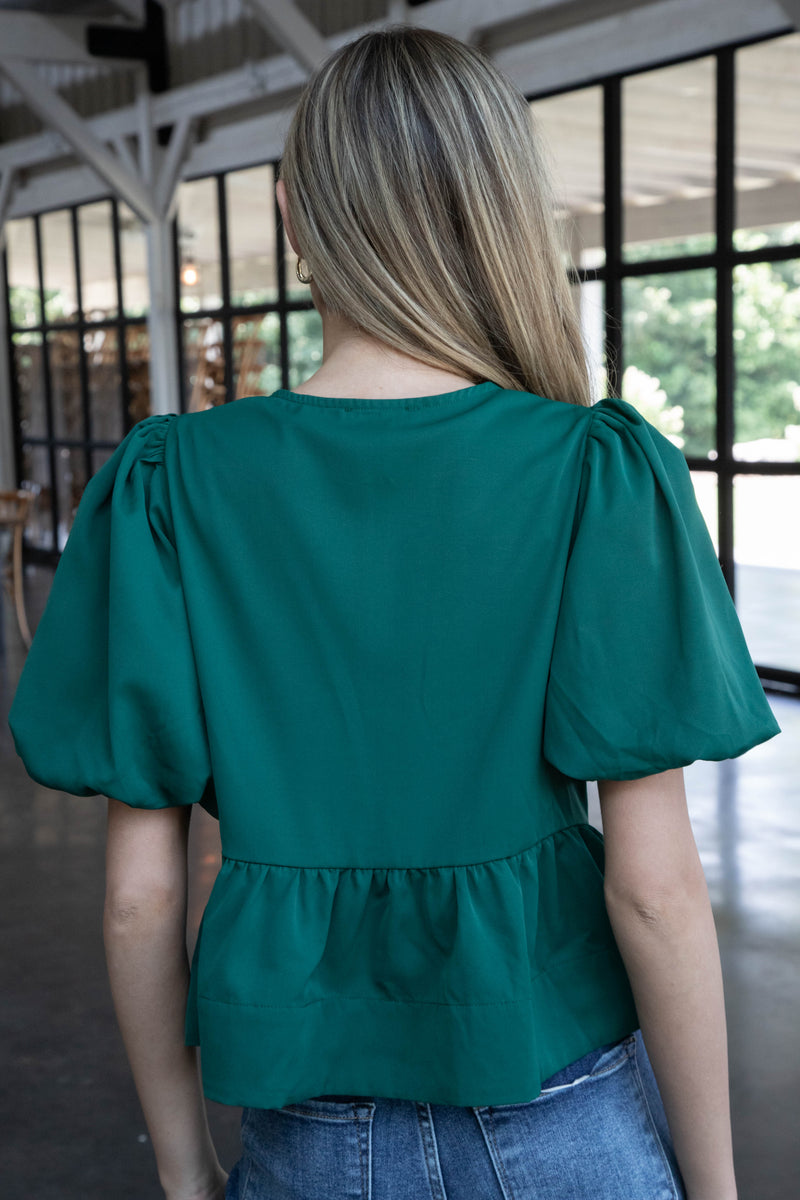 Oaklynn Puff Sleeve Peplum Top, Hunter Green