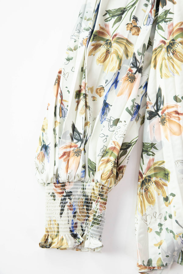 Lucille Floral Tie Neck Blouse, Cream Floral | Plus Size