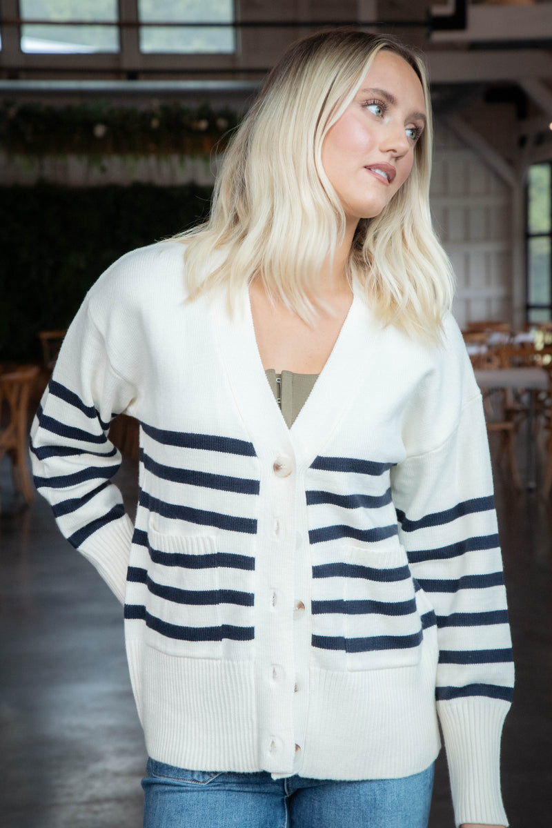 Blair Striped Button Down Cardigan, Cream