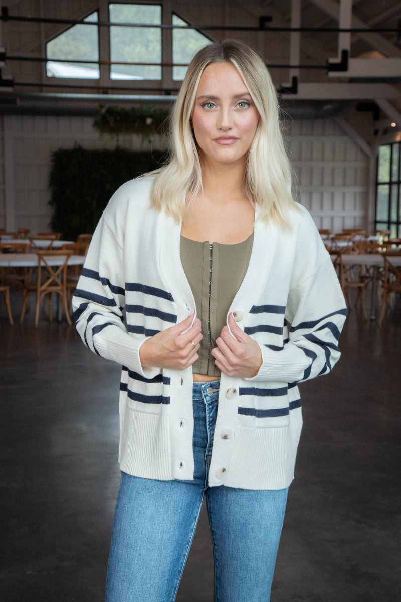 Blair Striped Button Down Cardigan, Cream