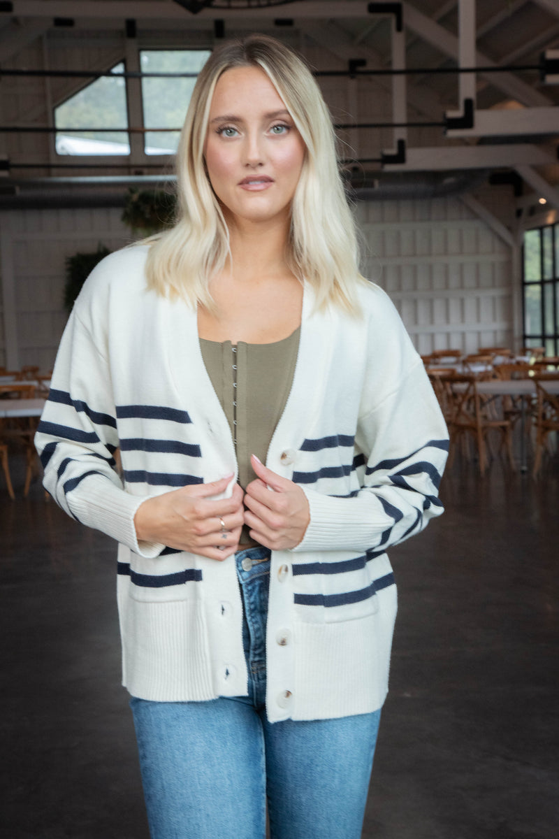 Blair Striped Button Down Cardigan, Cream