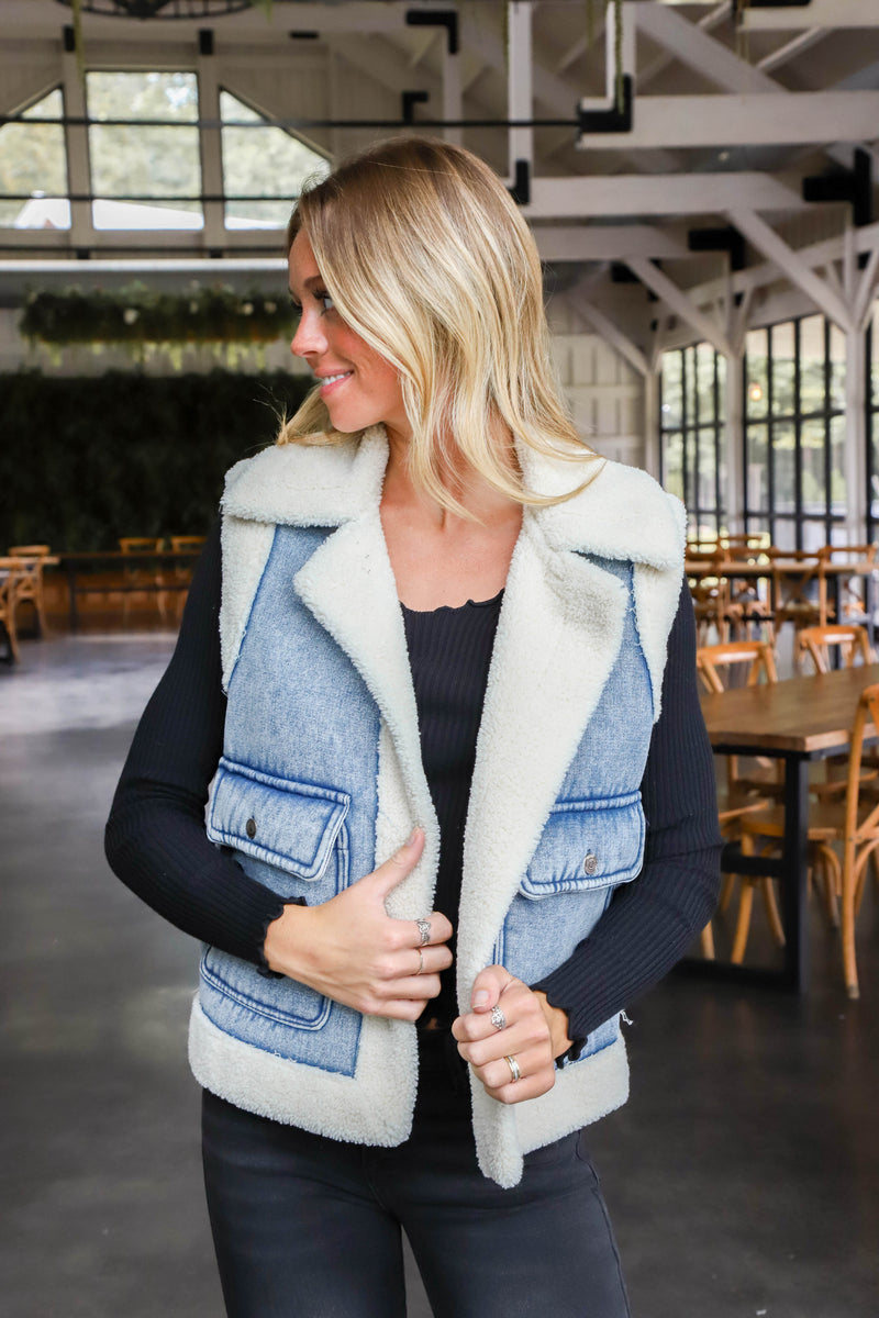 Anne Stone Washed Sherpa Vest, Denim