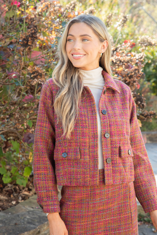 Kiah Tweed Button Down Jacket, Plum/Camel