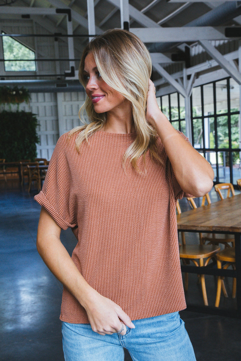 Jana Ribbed Short Sleeve Top, Terracotta