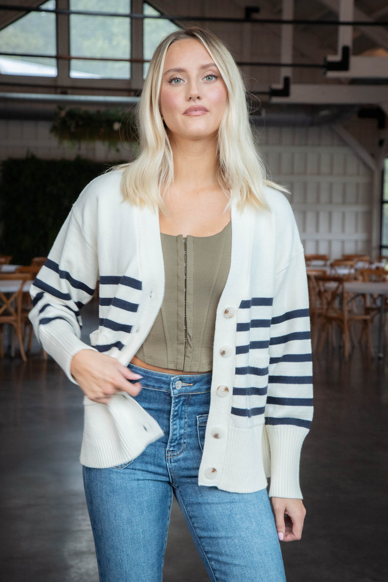 Blair Striped Button Down Cardigan, Cream