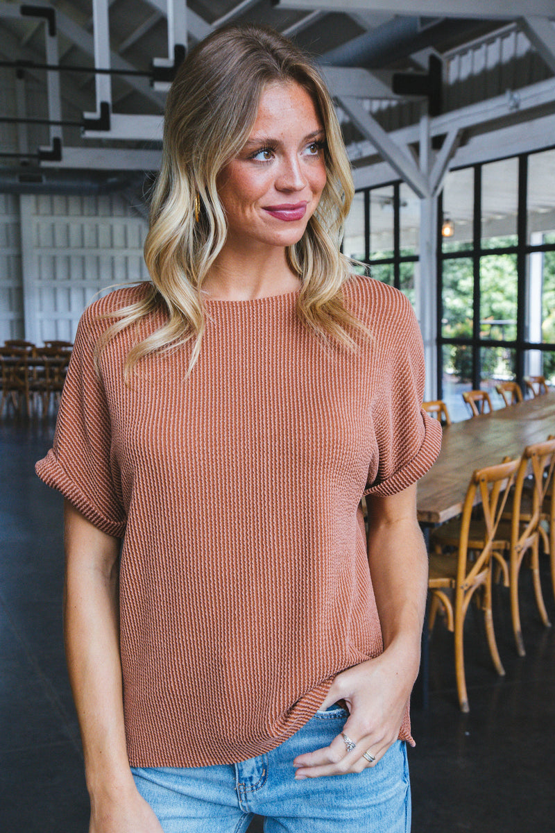 Jana Ribbed Short Sleeve Top, Terracotta