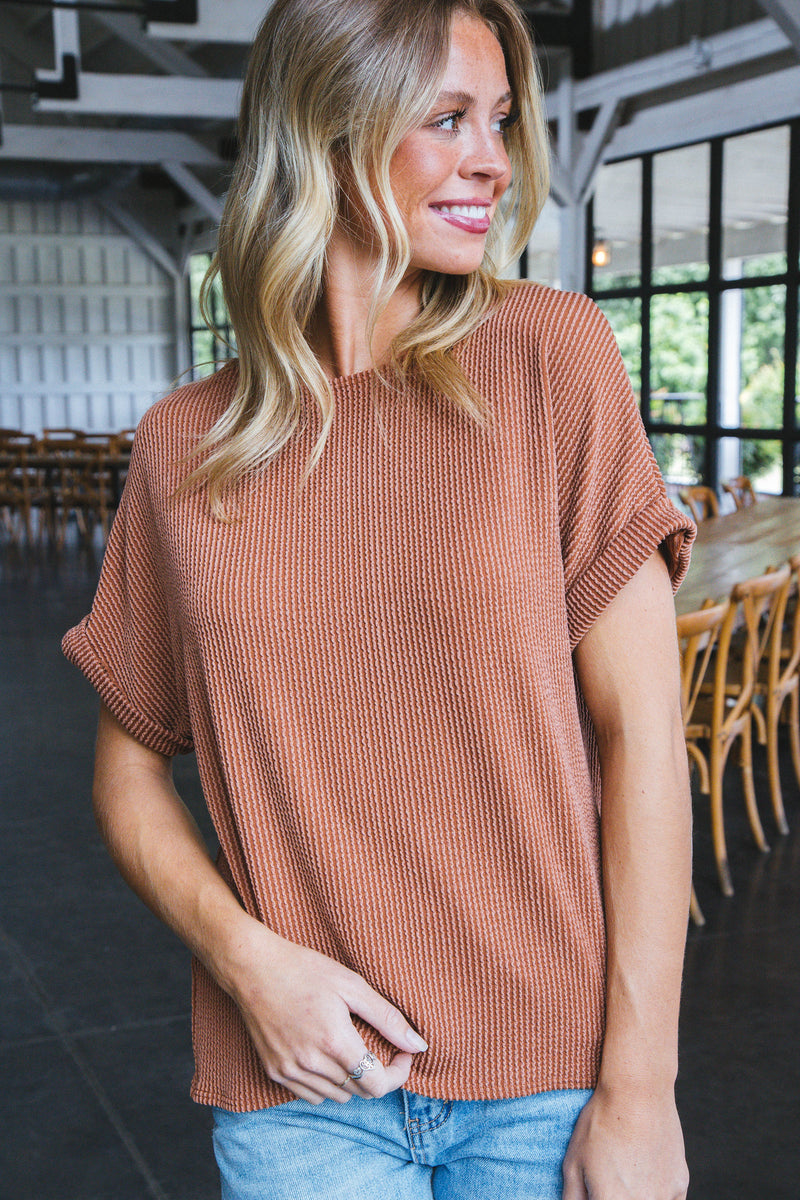 Jana Ribbed Short Sleeve Top, Terracotta